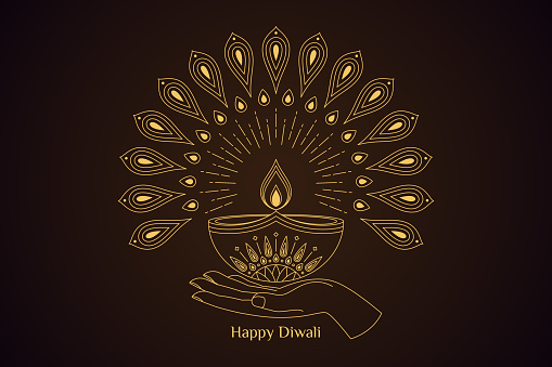 Outline golden Diya with flame and light rays, human hand, abstract peacock feathers. Deepavali oil candle, golden Diya lamp with lotus flower pattern. Happy Diwali, Festival of the Lights in India.