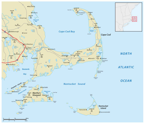 cape cod, martha's vineyard 및 nantucket map, 매사추세츠, 미국 - massachusetts map cartography nantucket stock illustrations