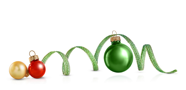 Three Christmas decorations with a ribbon are highlighted on a white background
