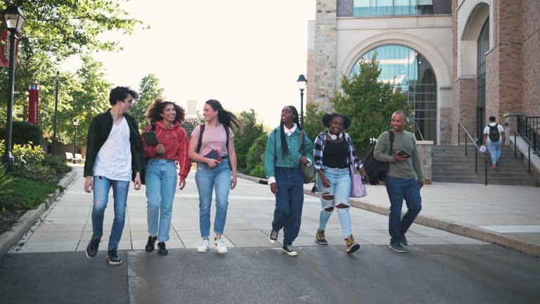 Group of diverse Hispanic, American and African students in campus outdoors
