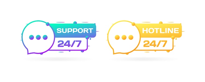 24/7 support and hotline icons. Flat, color, 24/7 support button, 24/7 hotline button. Vector icons