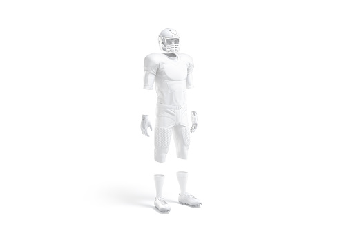 Blank white american football uniform mockup, side view, 3d rendering. Empty protective armour suit for soccer sport club mock up, isolated. Clear gear jersey apparel for footballer template.