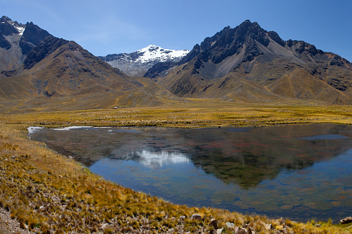 Beautiful Andes mountains and lake on the way from Puno to Cusco, Peru