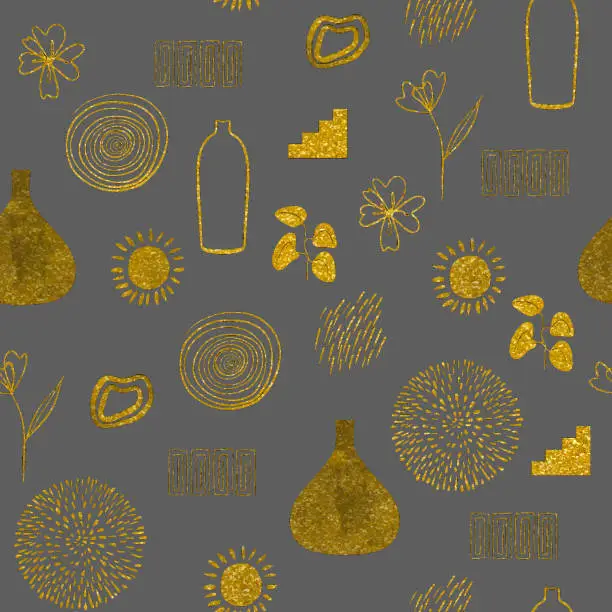 Vector illustration of Gold Colored Boho Decoration Elements  Seamless Pattern. Design Element for Greeting Cards and Wedding, Birthday and other Holiday and Summer Invitation Cards Background.