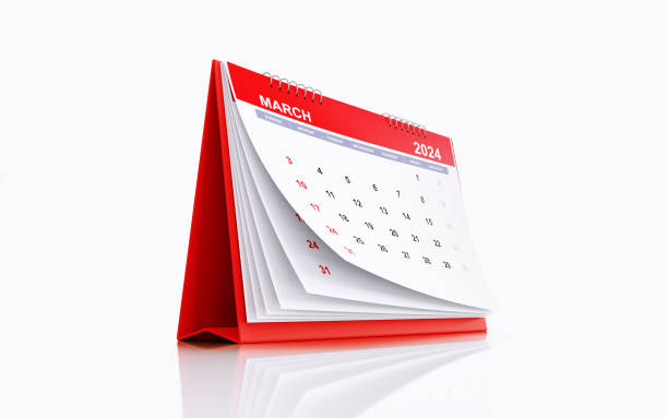 istock 2024 Red March Desk Calendar Standing on White Reflective Background 1726041033