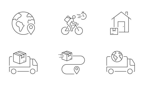 ilustrações de stock, clip art, desenhos animados e ícones de worldwide shipping line icon set. bike delivery to home linear pictogram. box outline symbol. express parcel transportation by van sign. editable stroke. isolated vector illustration - truck moving van white backgrounds