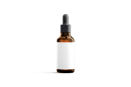 Blank transparent amber glass dropper bottle with white label mockup, 3d rendering. Empty glassy brown package for facial vitamin mock up, isolated, front view. Clear pipette for skin care template.