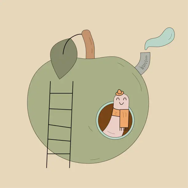 Vector illustration of Apple house with cute worm