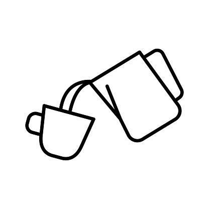 Pitcher pours milk in coffee cup. Milk frothing pitcher. Coffee time. Vector illustration.