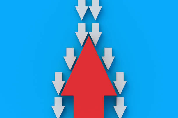 istock Movement against the crowd. Think differently. Alternative choice. The split of society. Division of public opinion. Separation or divorce concept. Many white and one red arrow. 3d render 1726050513