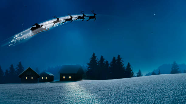 サンタクロースは冬に雪に覆われた村の上を飛ぶ