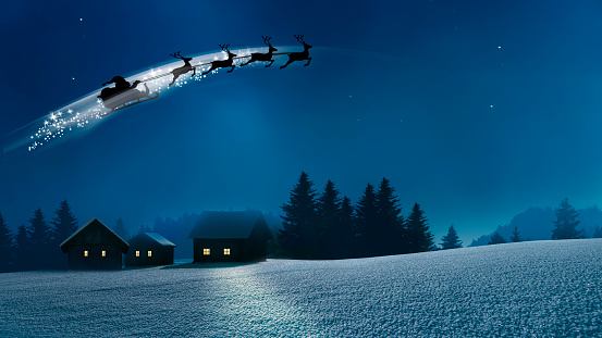 Santa Claus flies over snowy village in winter