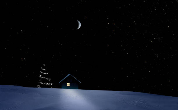 istock Starry sky over lighted cottage with Christmas tree in winter 1726051210
