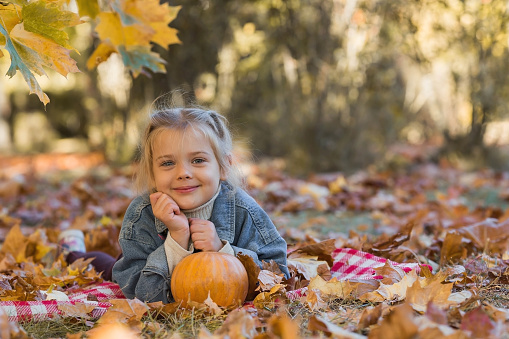 Portrait of a little girl 4 years old outdoors. A happy child in an autumn park with pumpkins. Happy childhood and fatherhood.