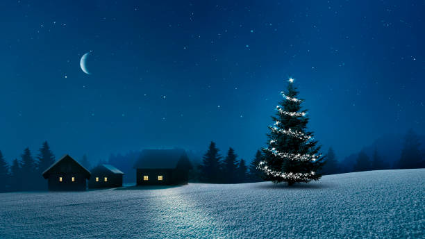 istock Snowy village with lighted windows in a cold winter night 1726051798
