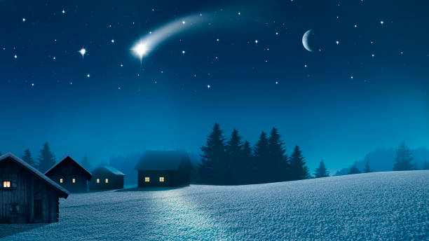 istock Snowy village with lighted windows in a cold winter night 1726051831