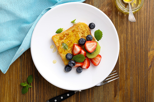 french toast with berry and fruits, food top view
