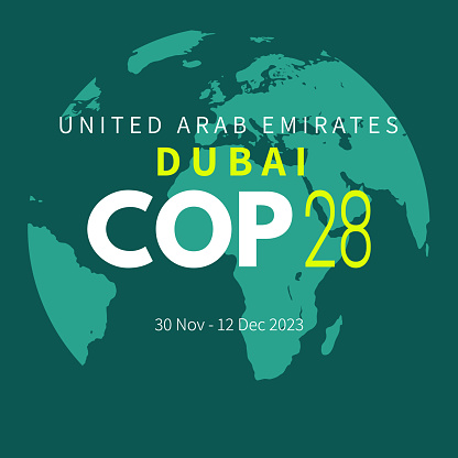 COP28 UAE. Annual United Nations climate change conference. Dubai, United Arab Emirates. International climate summit banner. Emission reduction. Global Warming. Vector illustration