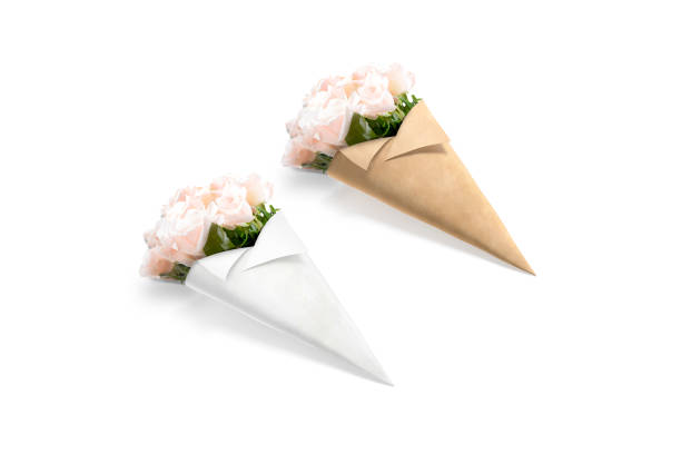 istock Blank craft and white flowers packaging cone mockup, side view 1726057165