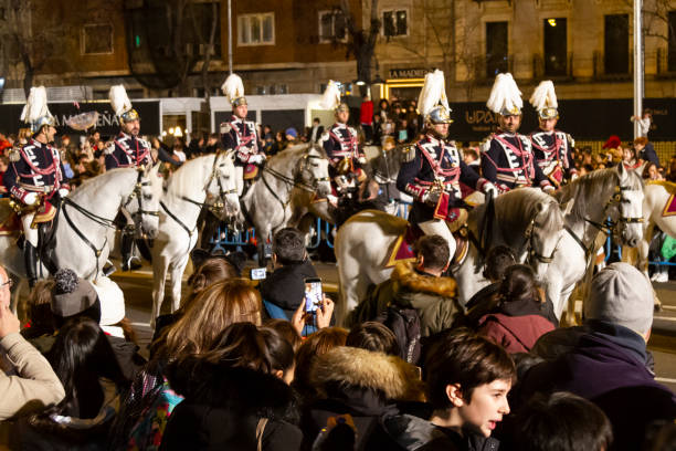 Madrid, Spain - January 5, 2023: Part of Three Wise Men (or Three Kings) traditional parade, on the eve of the Epiphany celebration, in Madrid, Spain.