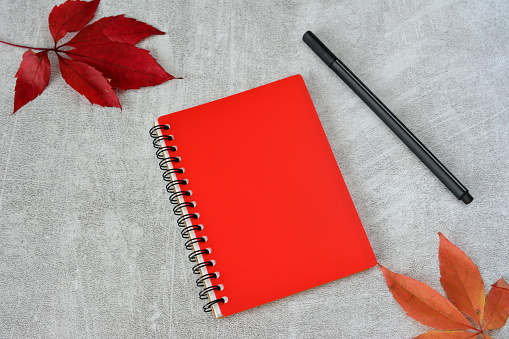red diary with pencil and maple leaves on the gray background flat lay