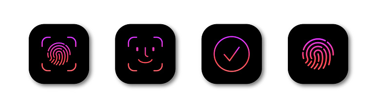 Face id icons. Face scanning process icons. Facial recognition system symbols. Facial detection icons. Vector icons on white background