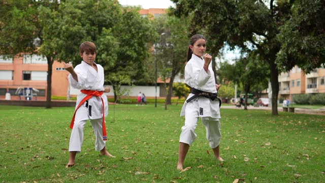 Karate/taekwondo students practicing movements during class at public park