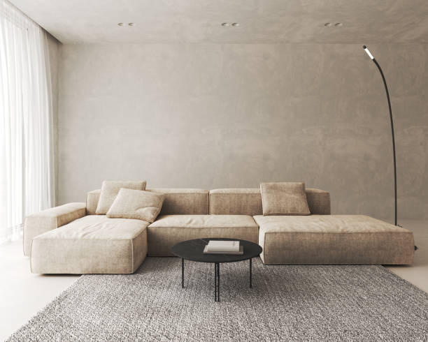 istock Contemporary classic white beige interior with sofa and decor - carpet background. Large modern japanese lamp and nature front view. 3d rendering illustration mockup. High quality 3d illustration 1726081402
