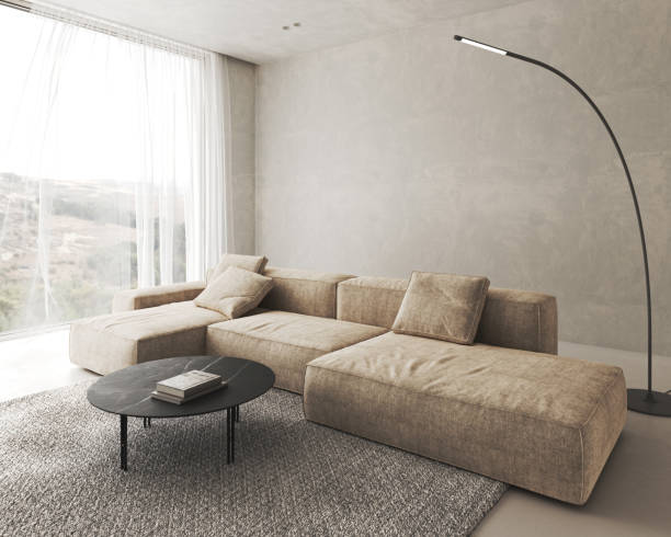 istock Contemporary classic white beige interior with sofa and decor - carpet background. Large modern japanese lamp and nature side view. 3d rendering illustration mockup. High quality 3d illustration 1726081428