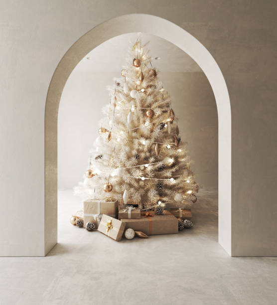 Contemporary classic white beige interior with arch and decor decorated background. Large modern japanese Christmas tree and nature view. 3d rendering. High quality 3d illustration