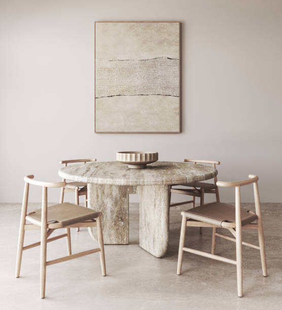 istock Wooden beige diningroom interior with marble dining table and chairs background. Natural light brown stone floor. Mock up empty 1 picture frame. 3d rendering. High quality 3d illustration 1726081967