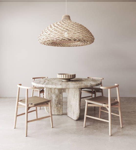 istock Wooden beige diningroom interior with dining table, wicker chandelier and chairs background. Natural light brown stone floor. 3d rendering. High quality 3d illustration 1726081969