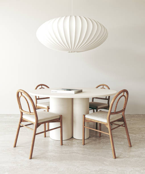 istock Wooden beige diningroom interior with dining table, book and chairs background. Natural light brown stone floor. 3d rendering. High quality 3d illustration 1726081977