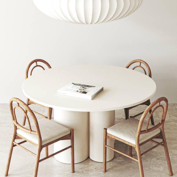 Wooden beige diningroom interior with dining table, book and chairs background. Natural light brown stone floor. Mock up empty book. 3d rendering. High quality 3d illustration