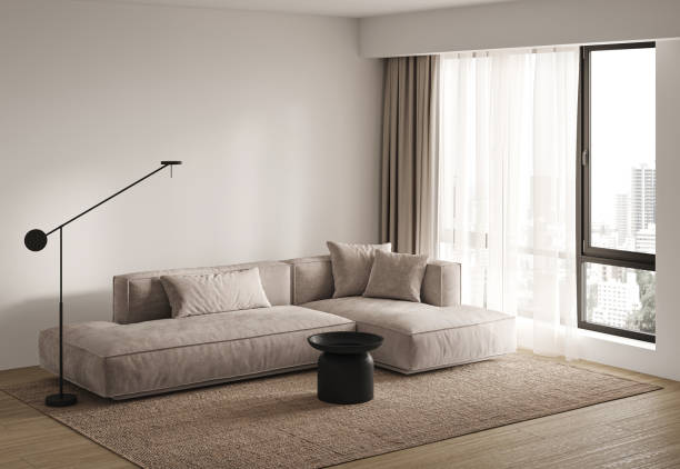 istock Contemporary classic white beige interior with sofa and decor - carpet background. Large modern japanese lamp and nature front view. 3d rendering illustration mockup. High quality 3d illustration 1726082580
