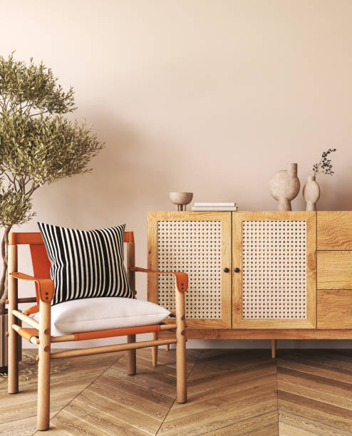 istock Japanese boho beige interior with armchair and ethnic commode background. Light modern australian livingroom. Mockup empty brown wall. 3d rendering. High quality 3d illustration 1726082583
