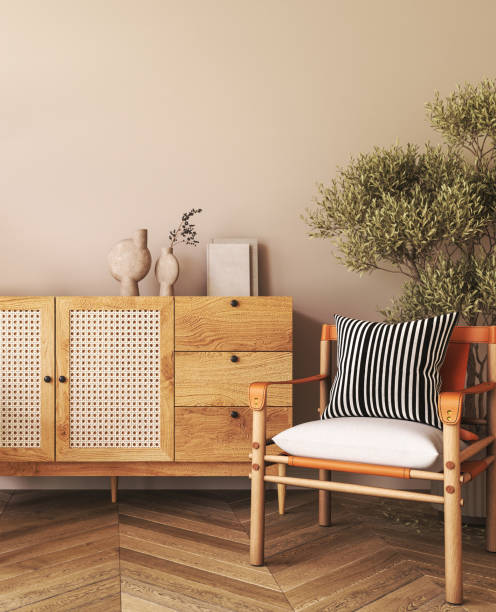 istock Japanese boho beige interior with armchair and ethnic commode background. Light modern australian livingroom. Mockup empty brown wall. 3d rendering. High quality 3d illustration 1726083098