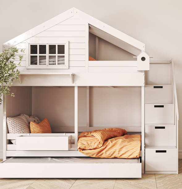 istock Boho lighting interior kids room with bunk bed. Design bedroom scandinavian style. 3d rendering. High quality 3d illustration 1726083159