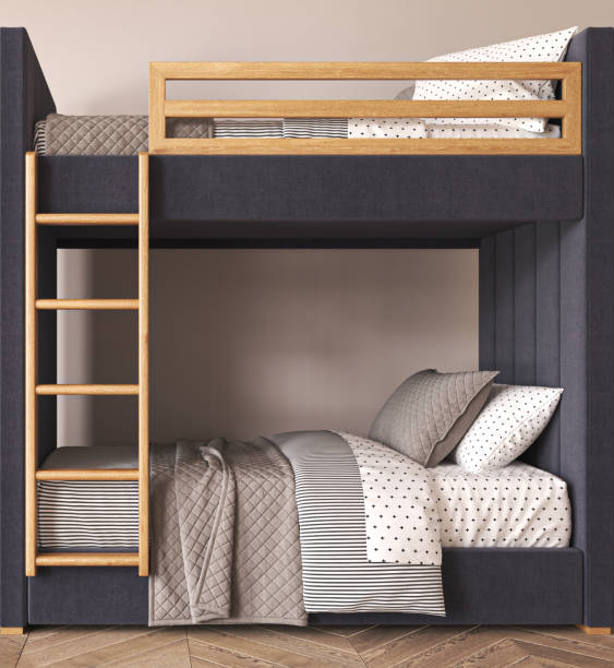 istock Boho lighting interior kids room with bunk dark blue bed. Design bedroom classic scandinavian style. 3d rendering. High quality 3d illustration 1726083703