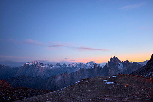 Mountain peaks during sunrise on a beautiful morning in the Dolomites, Italy