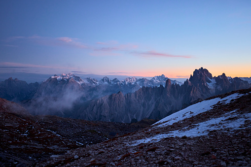 Mountain peaks during sunrise on a beautiful morning in the Dolomites, Italy