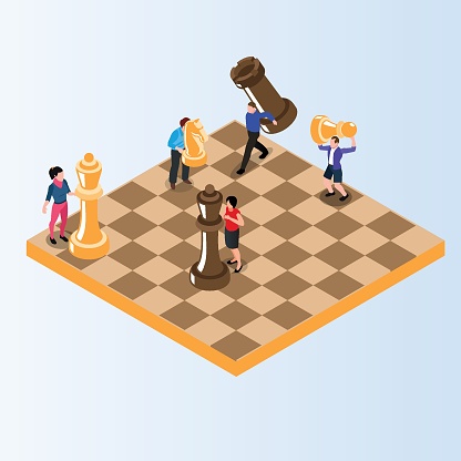Team of diverse man and woman playing giant chess together  3d vector illustration concept for banner, website, illustration, landing page, flyer, etc