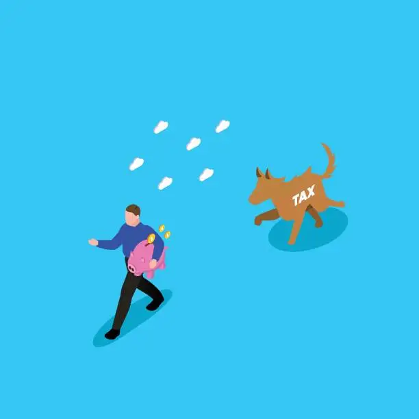 Vector illustration of Businessman with Piggy Bank run away from Taxes wolf