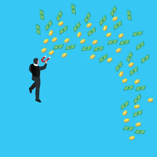 Vector illustration of Businessman with a magnet attracting money