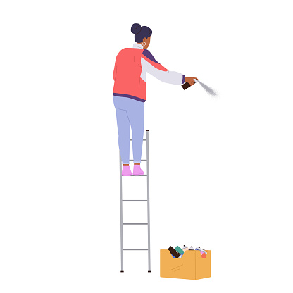 Young woman artist cartoon character using spray aerosol for painting and drawing graffiti on white wall. Female painter person standing on ladder and creating new grunge pattern vector illustration