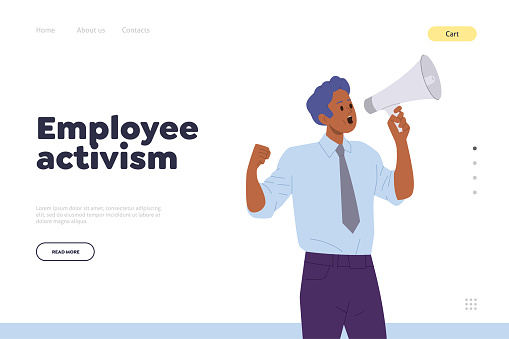 Employee activism concept landing page template with angry office worker cartoon character screaming in megaphone vector illustration design. Website for online service offering rights protection