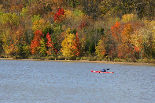 Kayaker paddling across lake with autumn colors in the background