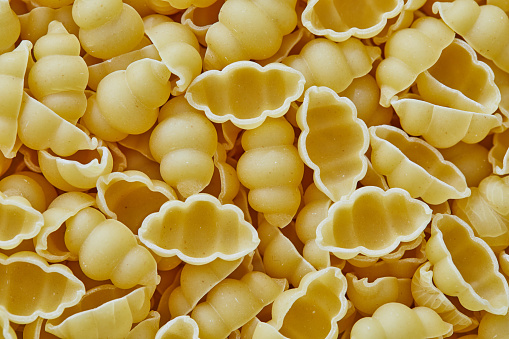 Natural organic healthy Italian pasta macro texture background, representing a healthy lifestyle, wellbeing and body care, top view with a large copy space area