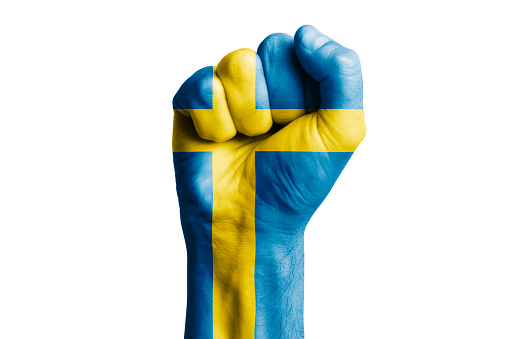 Man hand fist of SWEDEN flag painted. Close-up