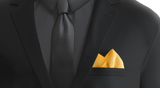Blank yellow folded pocket square in black classic suit mockup, 3d rendering. Empty strict male costume with silk scarf mockup closeup, front view. Clear classy smoking with accessory template.
